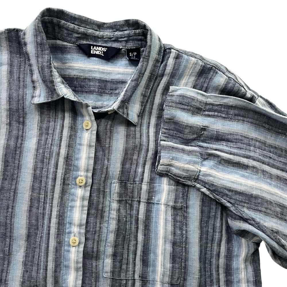 Lands’ End Womens S Blue White Stripe 100% Linen Long Sl Button Up Tunic Coastal